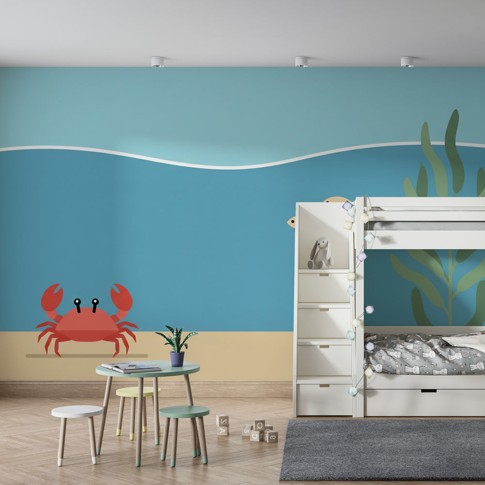 Underwater themed mural wallpaper transforming children's playroom into marine exploration zone