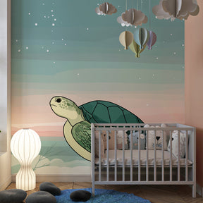 Pastel underwater turtle wallpaper creating serene atmosphere in modern baby bedroom decor