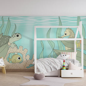 Underwater adventure mural wallpaper with seahorses and coral for baby bedroom by Kids-Mundo