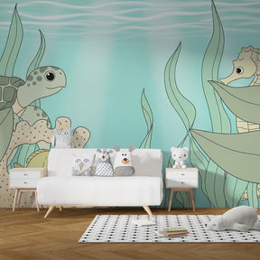 Marine life mural wallpaper featuring turtles and coral reef in modern kids room by Kids-Mundo
