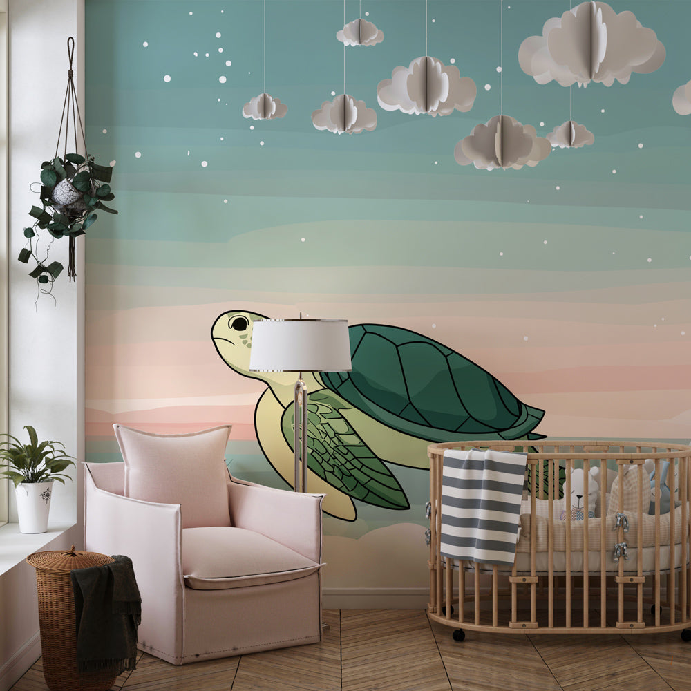 Marine themed turtle wallpaper for children's room with soft pink and blue ocean colors