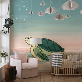 Marine themed turtle wallpaper for children's room with soft pink and blue ocean colors