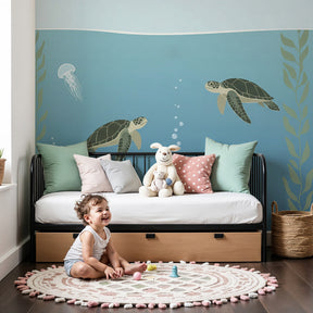 Ocean turtle mural wallpaper creating peaceful underwater nursery atmosphere by Kids-Mundo