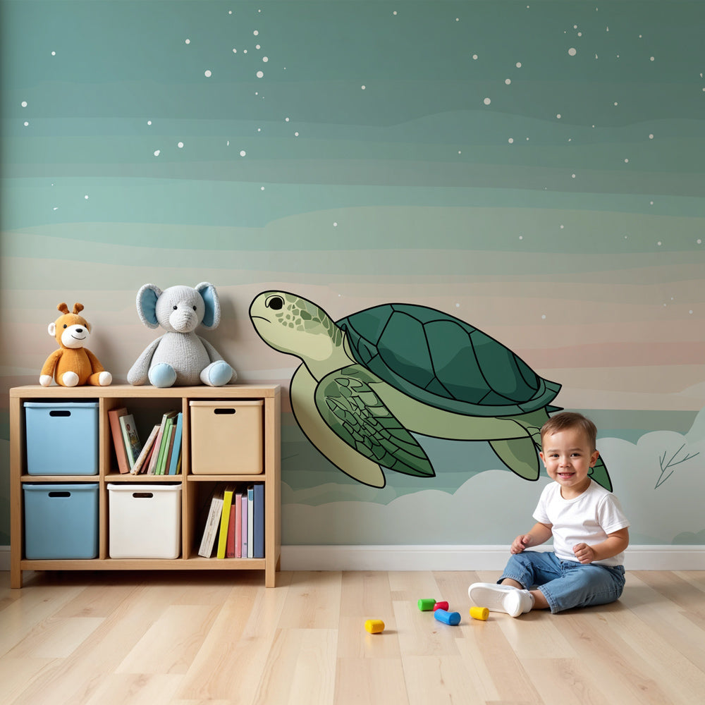 Ocean turtle mural wallpaper in peaceful baby nursery with pastel underwater theme by Kids-Mundo