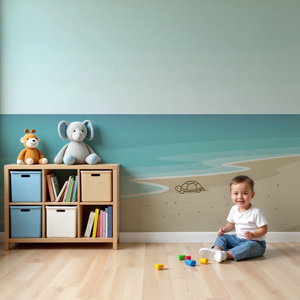 Ocean turtle mural wallpaper in modern nursery with crib and natural decor by Kids-Mundo
