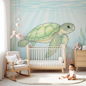 Ocean turtle mural wallpaper with coral reef design in bright children's nursery by Kids-Mundo