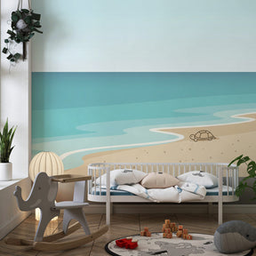 Peaceful beach scene mural wallpaper featuring sea turtle for children's bedroom