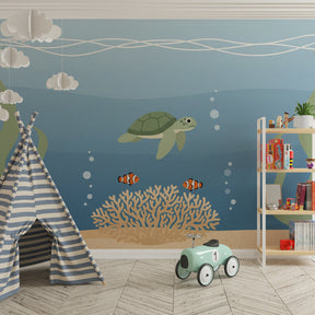 Underwater mural wallpaper with turtle and fish in marine-themed kids playroom