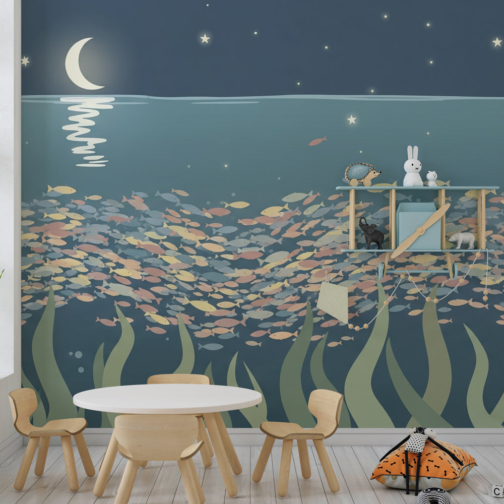 Peaceful underwater wallpaper with colorful fish and coral for kids room by Kids-Mundo