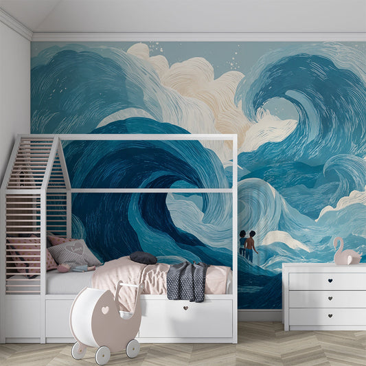 Kids-Mundo ocean waves mural covering the wall of an adventurous child's bedroom