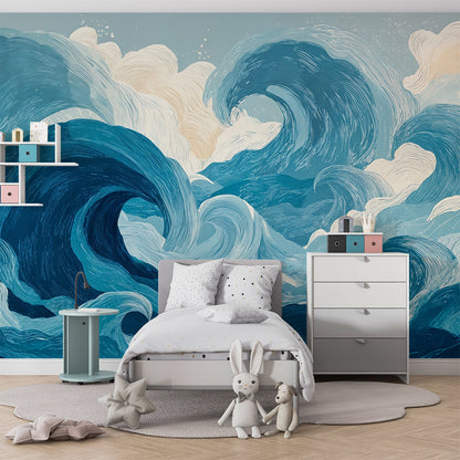 Kids-Mundo ocean waves wallpaper mural styled in a playroom with a reading corner