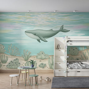Whale and coral mural wallpaper transforming children's bedroom into aquatic sanctuary