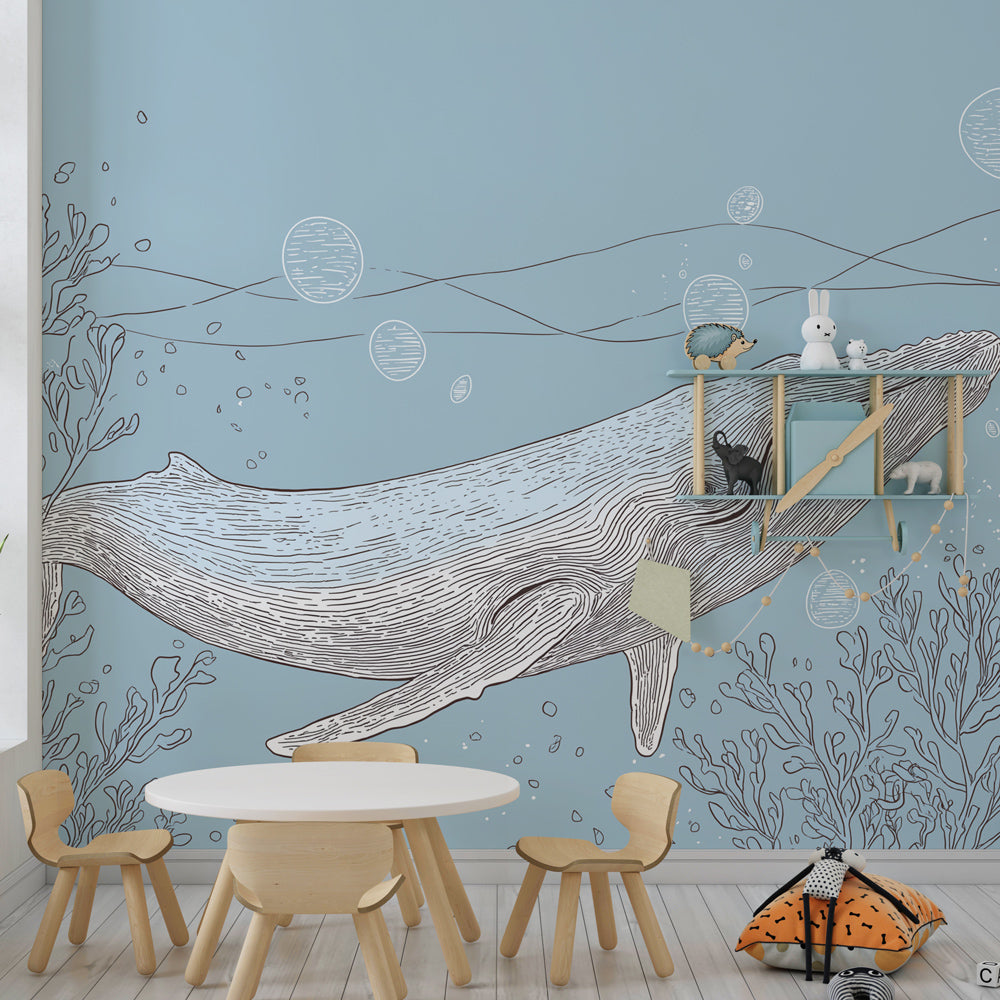 Majestic whale wallpaper transforming children's bedroom into peaceful ocean sanctuary