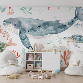 Soothing blue ocean mural wallpaper showcasing peaceful underwater theme for children