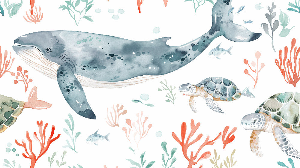 Detailed watercolor ocean whale mural wallpaper design pattern with sea turtles by Kids-Mundo