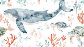 Detailed watercolor ocean whale mural wallpaper design pattern with sea turtles by Kids-Mundo