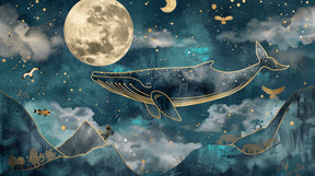 Detailed starry whale and golden moon mural wallpaper design pattern by Kids-Mundo