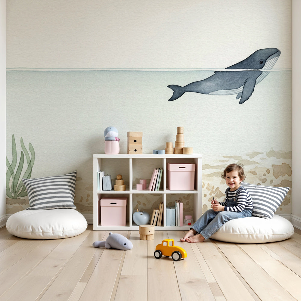 Ocean whale mural wallpaper in serene baby nursery with white crib by Kids-Mundo