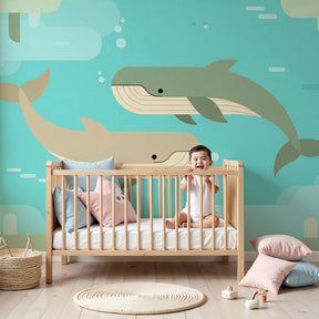 Ocean whale mural wallpaper in modern nursery with wooden crib by Kids-Mundo