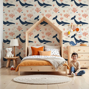 Ocean whale mural wallpaper with coral design in modern kids nursery room by Kids-Mundo