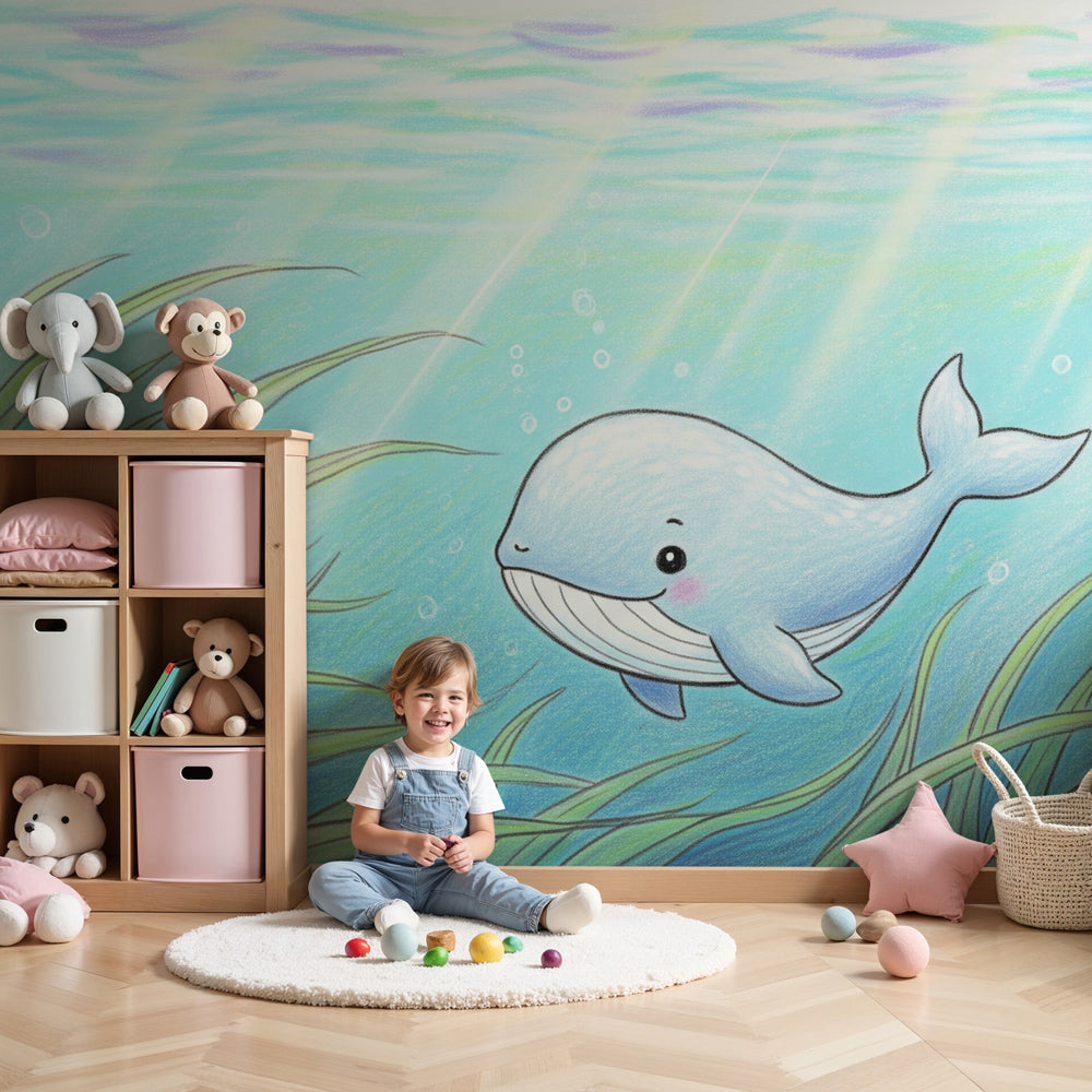 Ocean whale mural wallpaper creating serene underwater nursery decor by Kids-Mundo