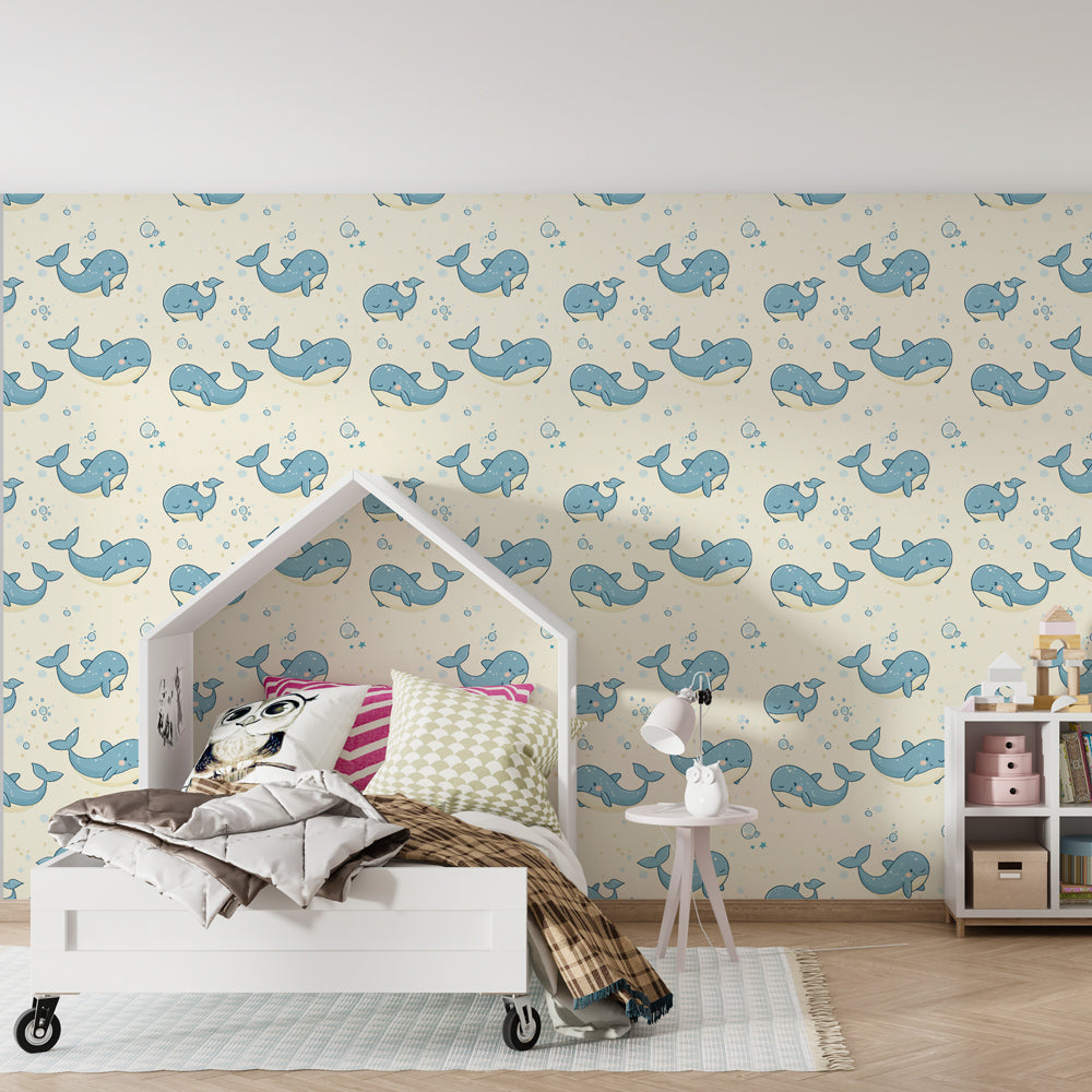 Ocean whale mural wallpaper in modern nursery with blue marine theme by Kids-Mundo