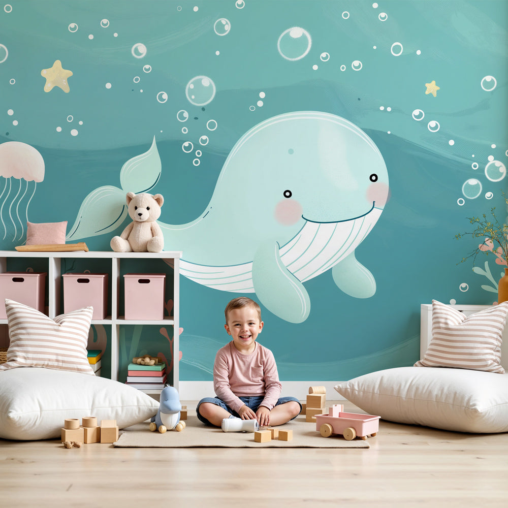 Ocean whale mural wallpaper creating magical underwater nursery decor by Kids-Mundo