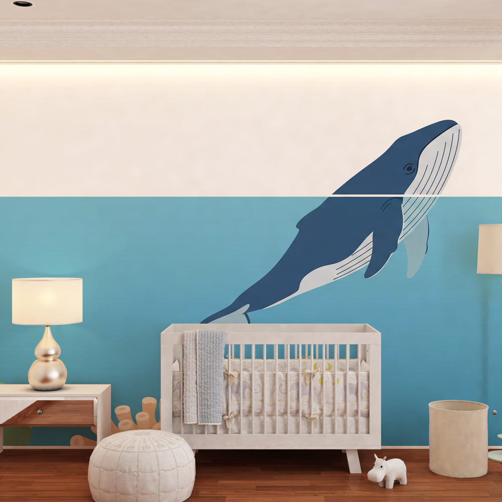 Marine themed mural wallpaper with whale and corals for kids playroom decor
