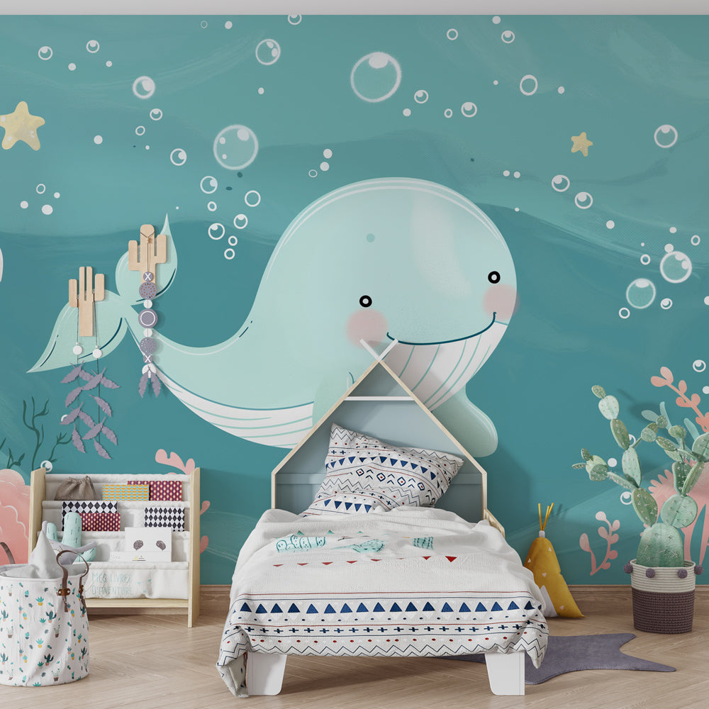 Cute whale and sea creatures mural wallpaper for educational kids' playroom