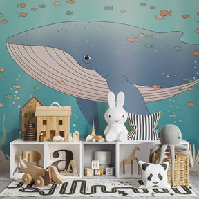 Marine life mural wallpaper with coral and fish decorating kids playroom wall