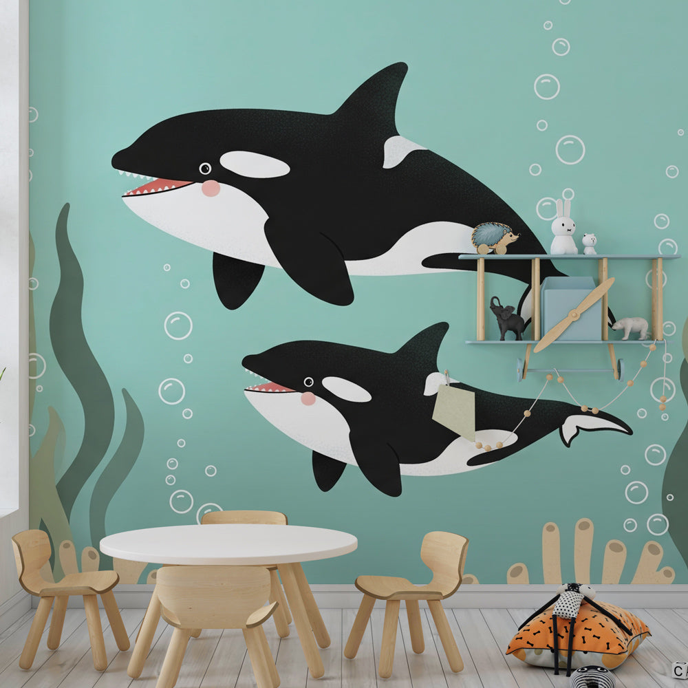 Orca whale mural wallpaper in colorful kids playroom with ocean theme by Kids-Mundo