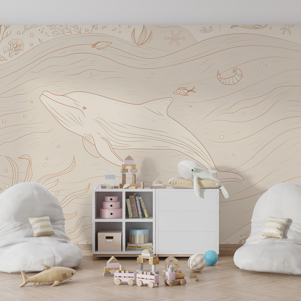 Underwater themed mural wallpaper with whale and corals for children's playroom