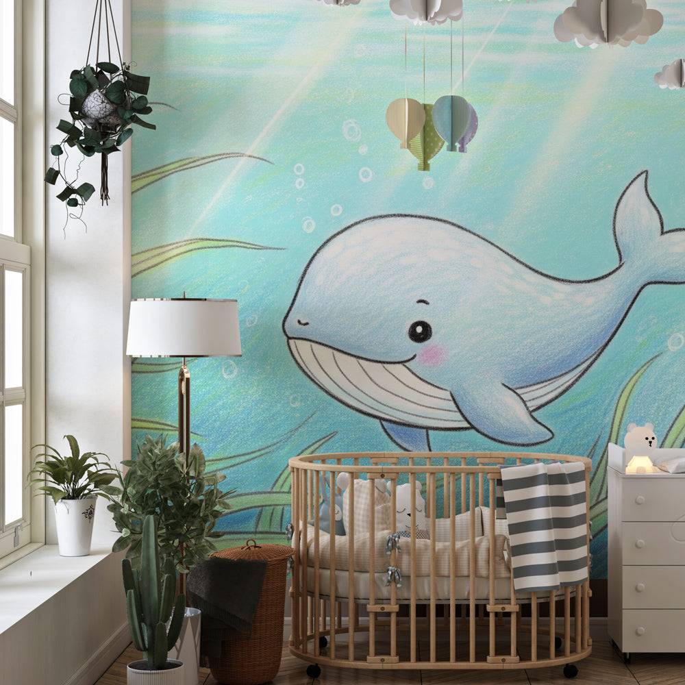 Marine themed whale mural wallpaper in colorful kids playroom setting by Kids-Mundo