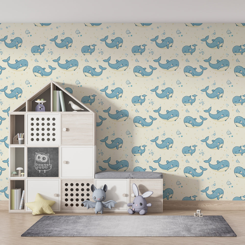 Marine themed whale wallpaper transforming children's playroom into ocean adventure