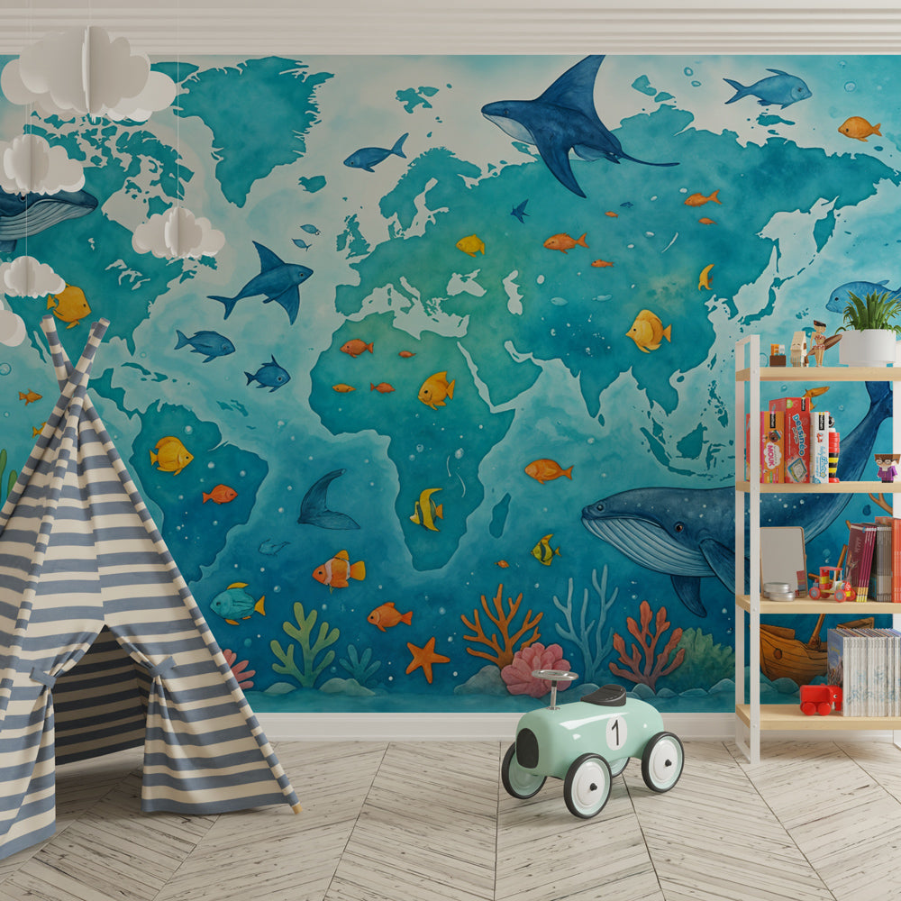 Kids-Mundo watercolour ocean map mural on a kids' bedroom wall, sharks and coral reef in turquoise tones.