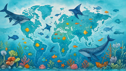 Kids-Mundo ocean world map wall mural artwork, deep-blue continents beneath a turquoise watercolour sea.