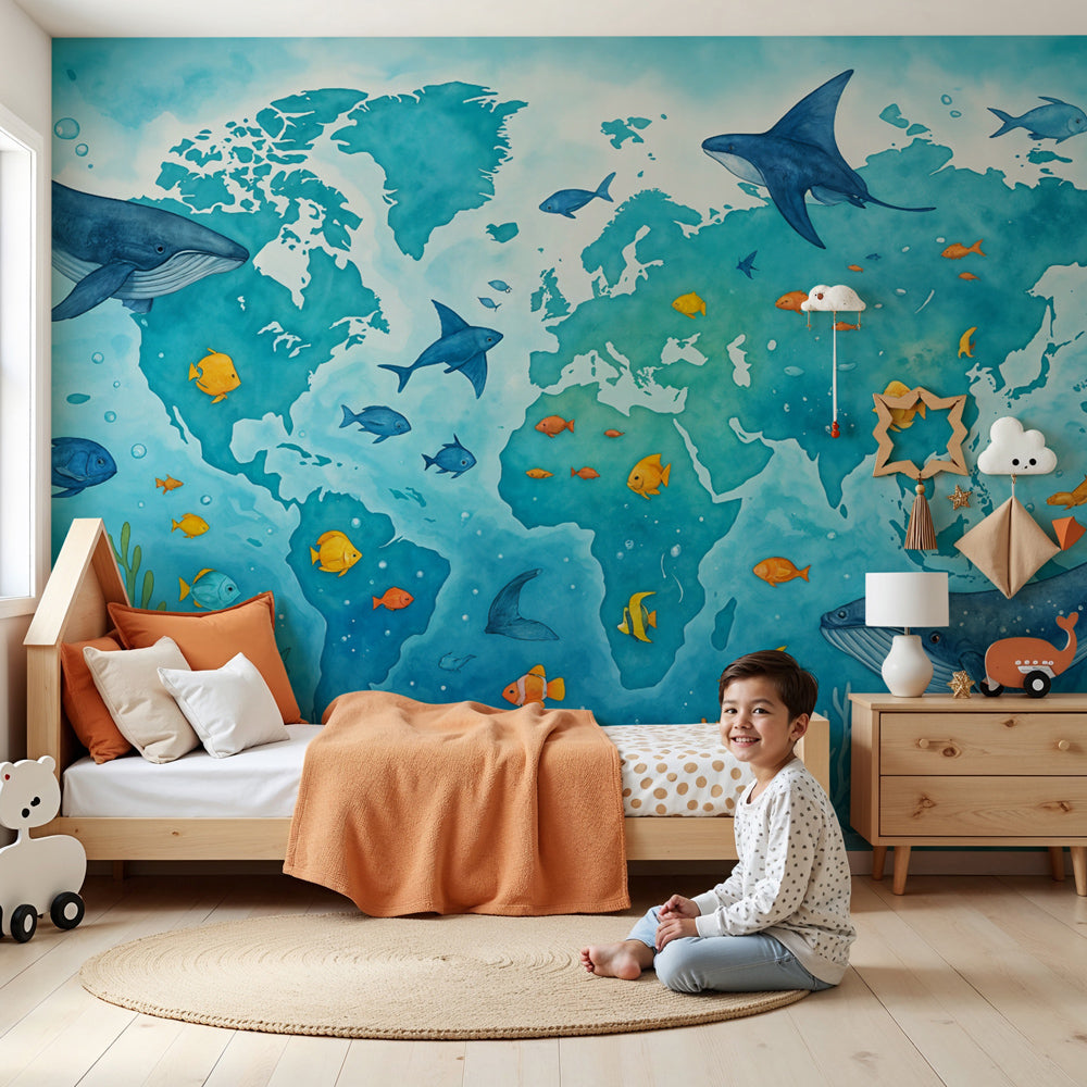 Kids-Mundo ocean world map wall mural in a nursery, whales and tropical fish swimming above the cot.