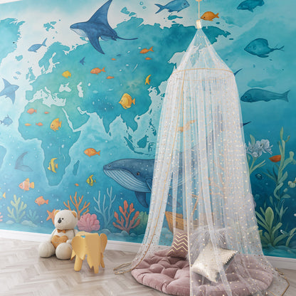 Kids-Mundo underwater world map wall mural in a playroom, a shipwreck and turtle among the coral reef.