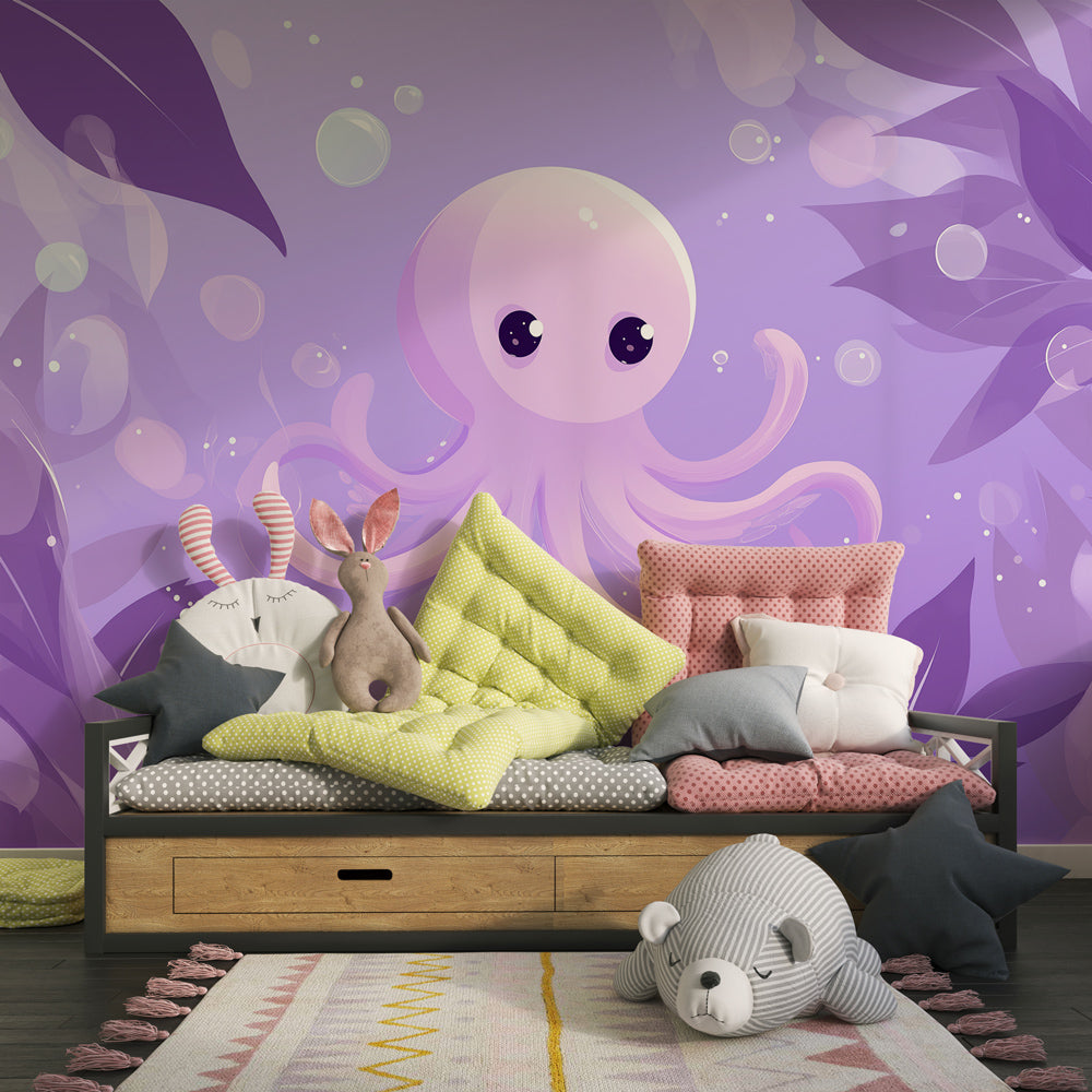 Ocean theme octopus wallpaper in children's bedroom with purple and blue tones by Kids-Mundo