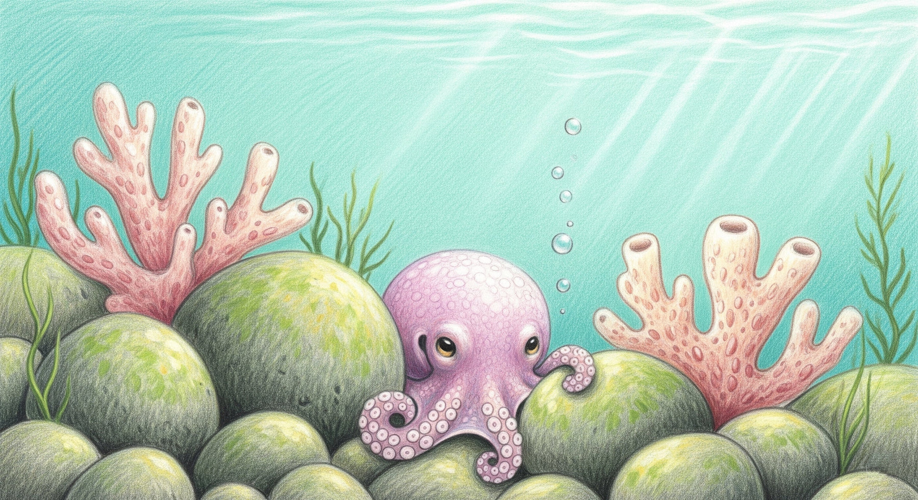 Detailed octopus and coral garden mural wallpaper design pattern by Kids-Mundo