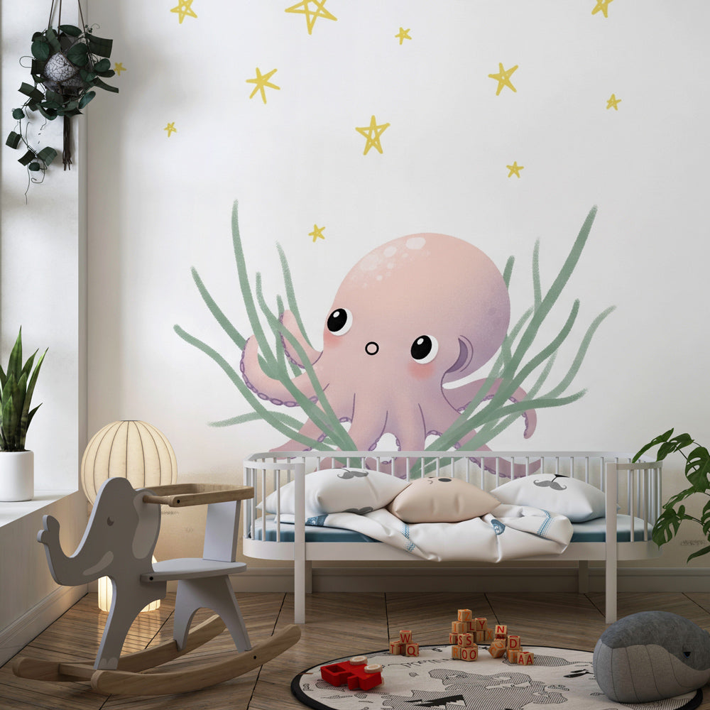 Ocean themed mural wallpaper with octopus and stars for baby room by Kids-Mundo