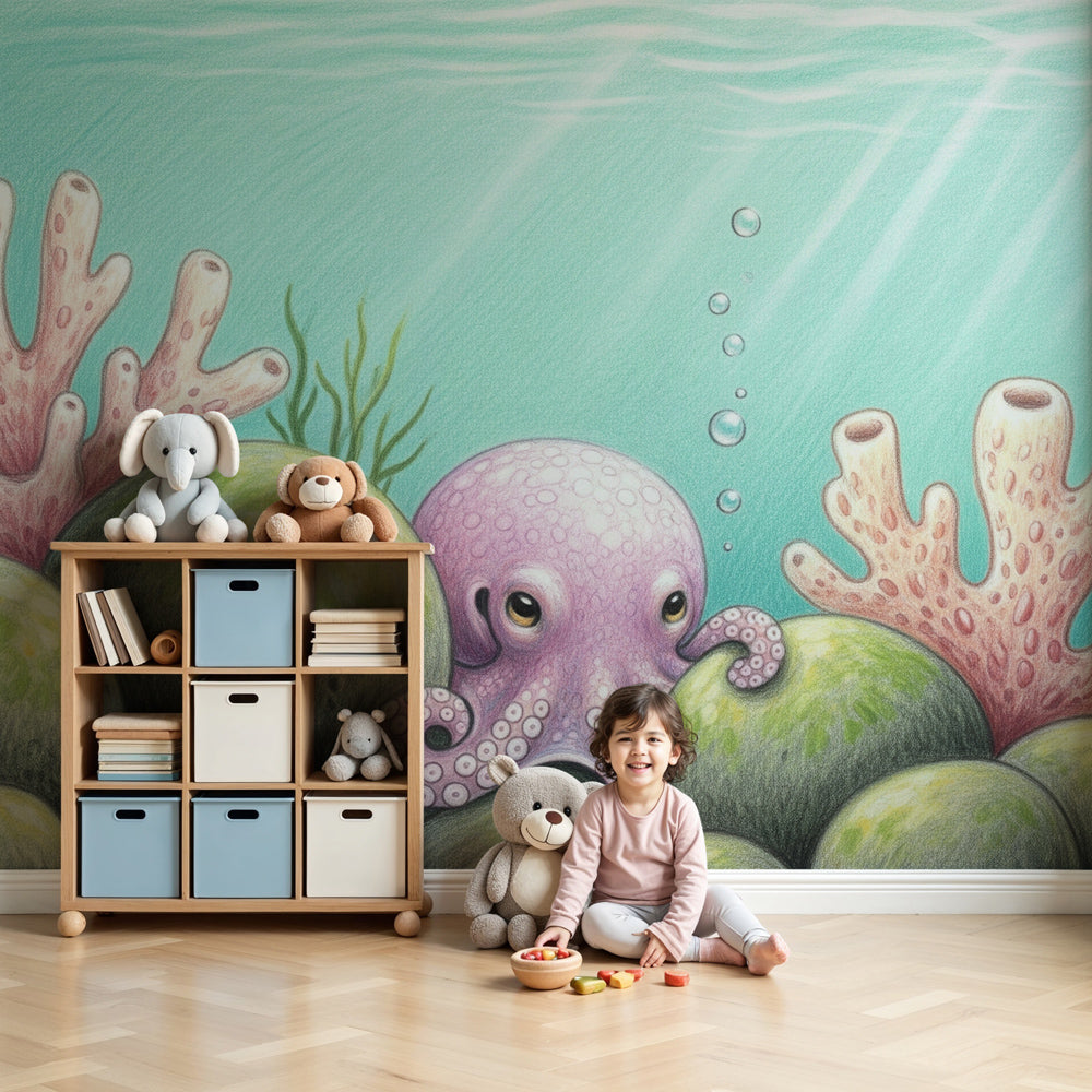 Octopus underwater mural wallpaper in modern nursery with coral garden theme by Kids-Mundo