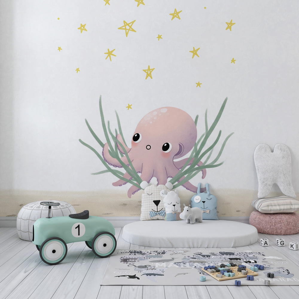 Soft pastel octopus wallpaper transforming baby nursery into underwater paradise