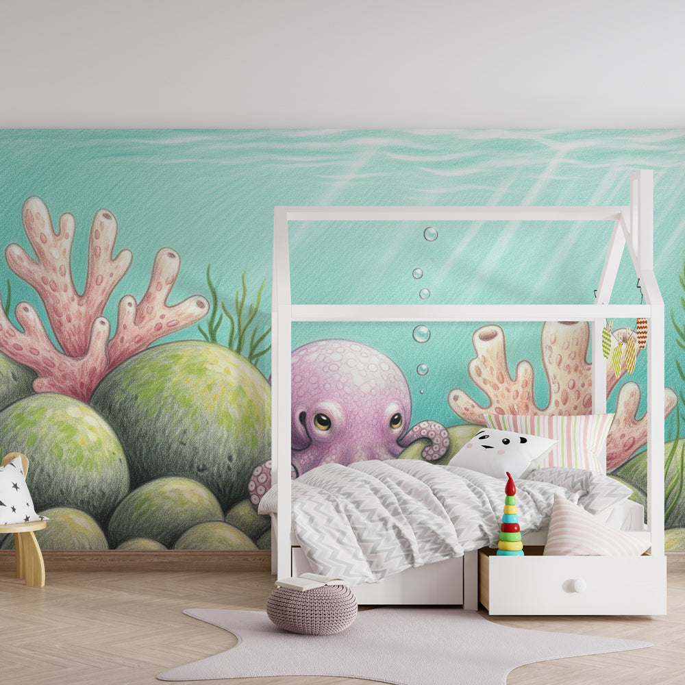 Underwater coral garden wallpaper creating magical marine atmosphere in children's playroom
