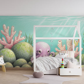 Underwater coral garden wallpaper creating magical marine atmosphere in children's playroom
