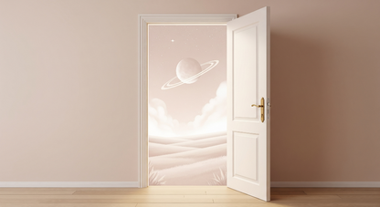 Kids-Mundo flat artwork of an open white door revealing a ringed planet over sandy dunes.