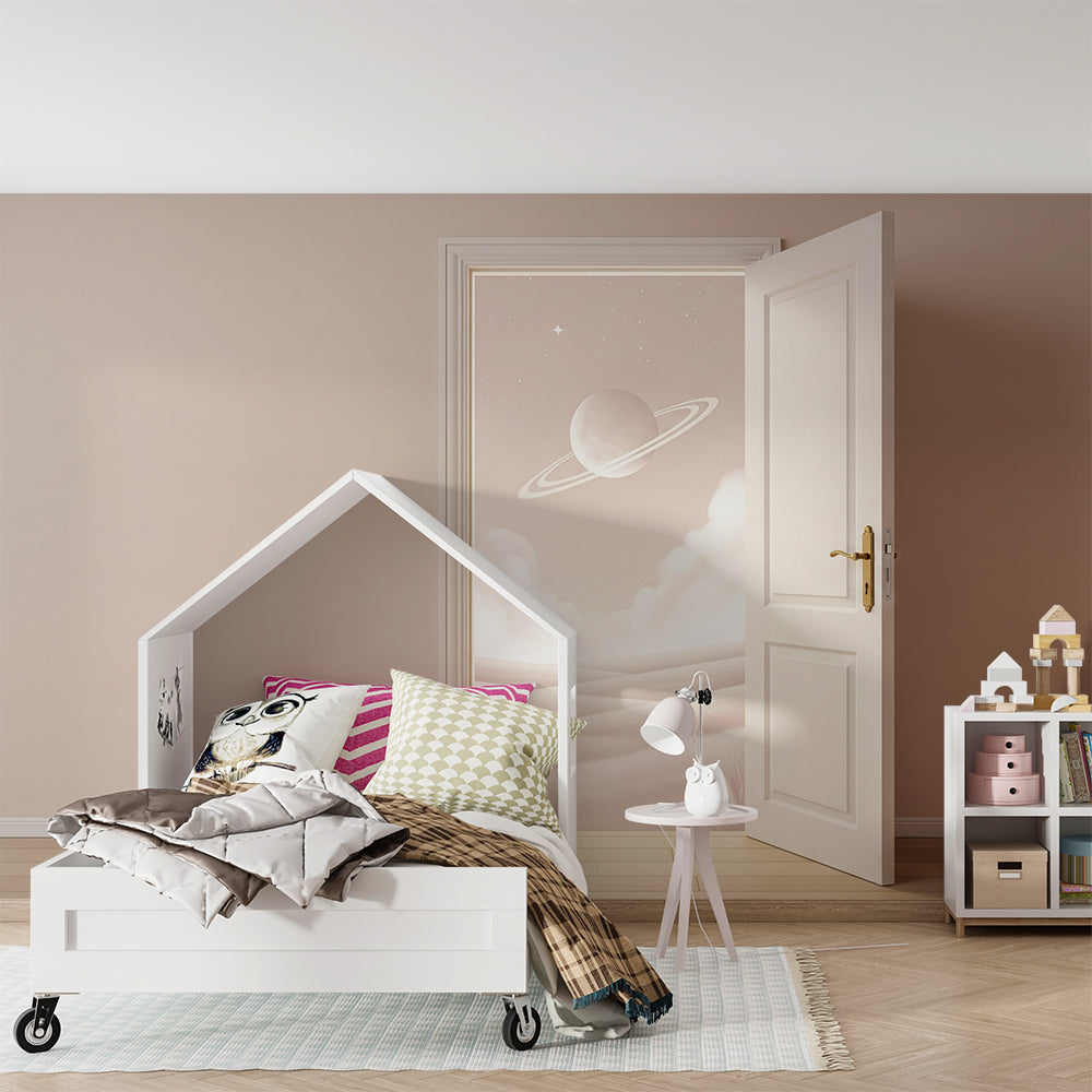 Kids-Mundo open door planet wall mural adding a calm feature to a playroom wall.