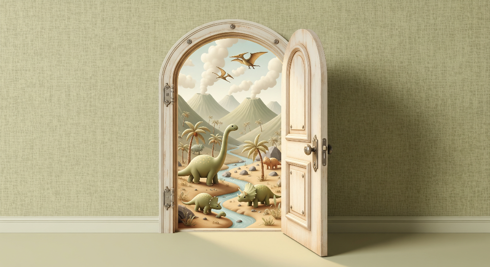Kids-Mundo flat artwork of an open door revealing a desert valley with dinosaurs and volcanoes