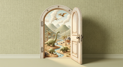 Kids-Mundo flat artwork of an open door revealing a desert valley with dinosaurs and volcanoes
