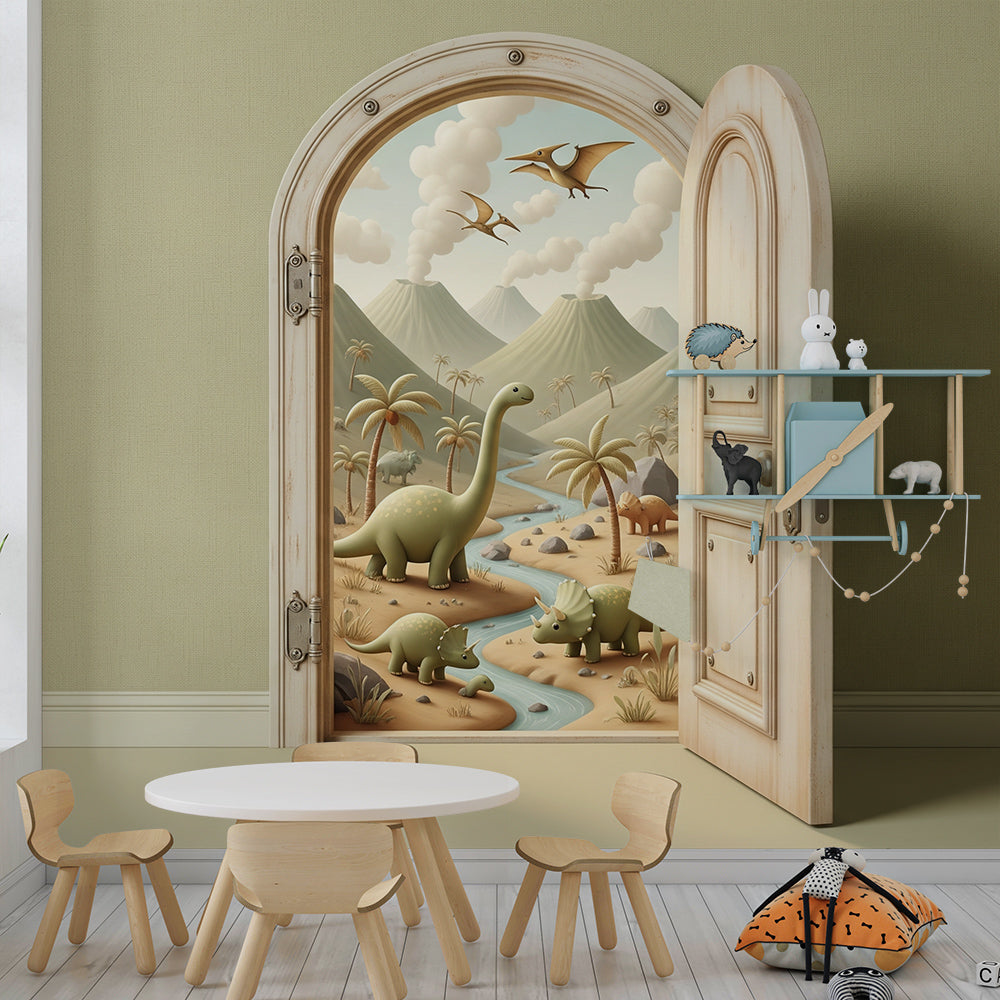 Kids-Mundo open-door dinosaur mural bringing a desert valley scene into a playroom